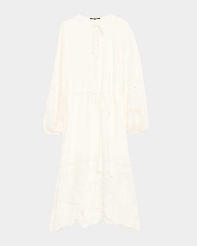 Yelle Pintuck Lace-Inset Linen Midi Dress
